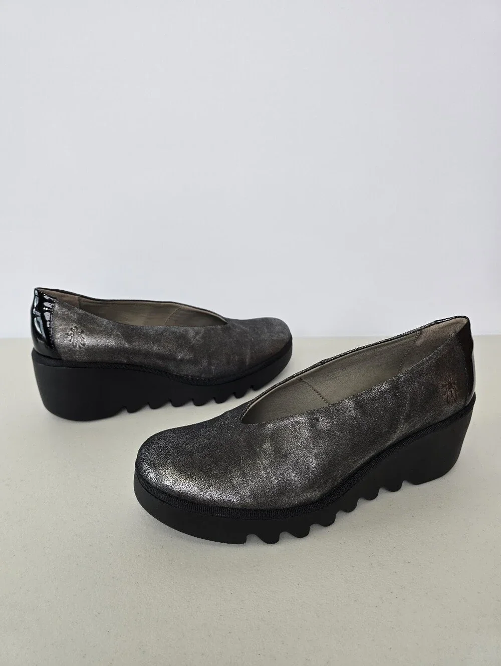 Fly London BESO246FLY Silver Metallic Leather Wedge Platform Shoes EU 42 US 11